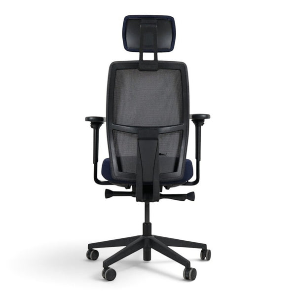 Refurnish by Loopr ergonomic Savo office chair in dark blue with adjustable headrest, armrests, and mesh backrest.
