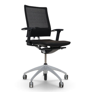 Refurnish by Loopr ergonomic Sedus office chair in black with mesh back, adjustable armrests, and grey base
