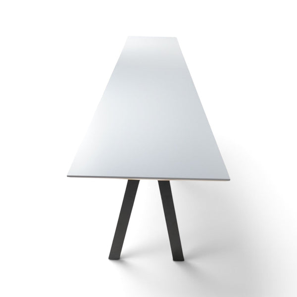 Refurnish by Loopr Svenheim conference table with a long white rectangular top and black angled metal legs