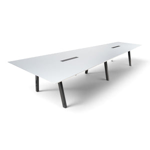 Refurnish by Loopr Svenheim trapezoid conference table with a white top and black metal legs for large meeting rooms.