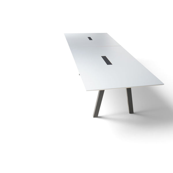 Refurnish by Loopr trapezoid meeting table with white top and black legs for large office conference rooms