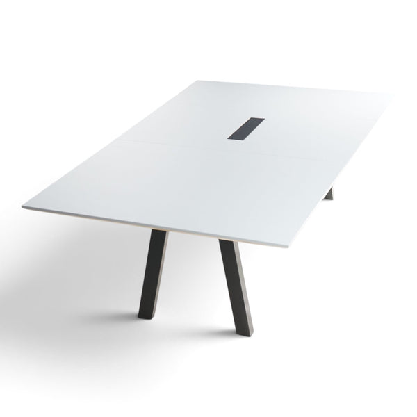 Refurnish by Loopr trapezoid meeting table with white top and black legs for office conference rooms