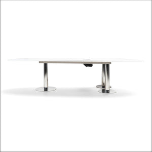 Refurnish by Loopr trapezoid meeting table with a grey top, silver metal legs, and integrated cable management system.