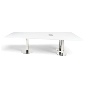 Refurnish by Loopr trapezoid meeting table with a grey top, silver pedestal base, and integrated cable management.