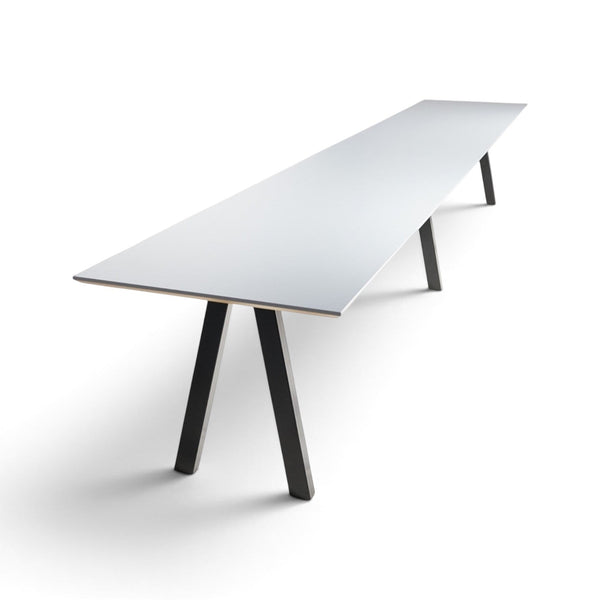 Refurnish by Loopr long conference table with a white rectangular top and black A-frame metal legs