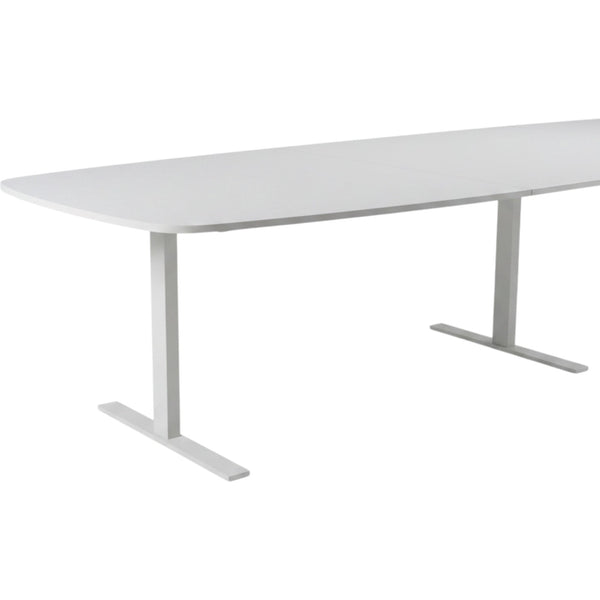 Refurnish by Loopr white three-part meeting table, 420x120 cm, with T-shaped legs.